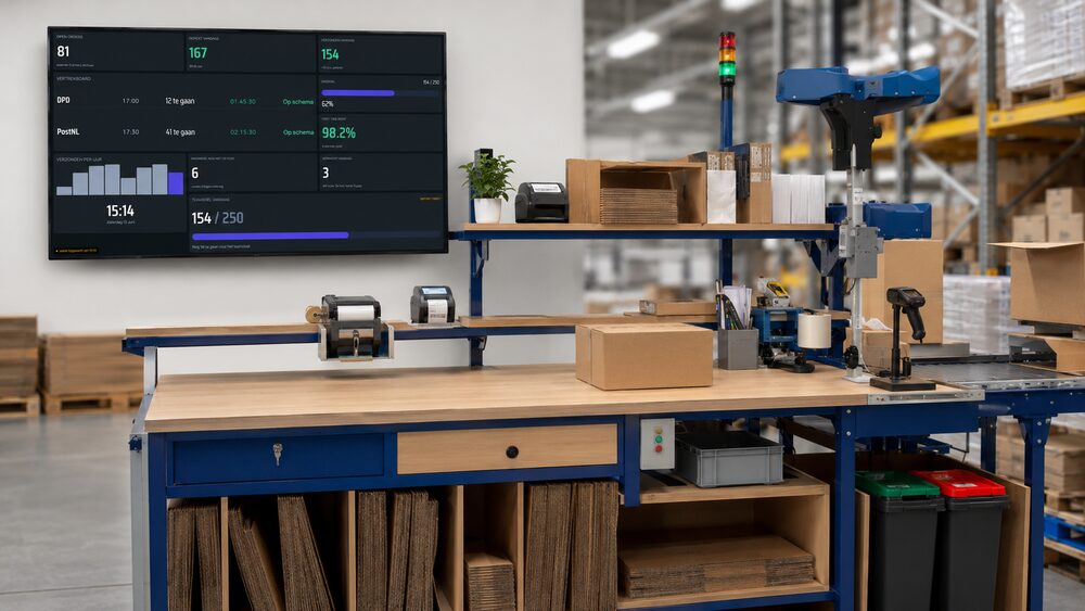 Het PickBoard dashboard live op een monitor boven de paktafel in het magazijn